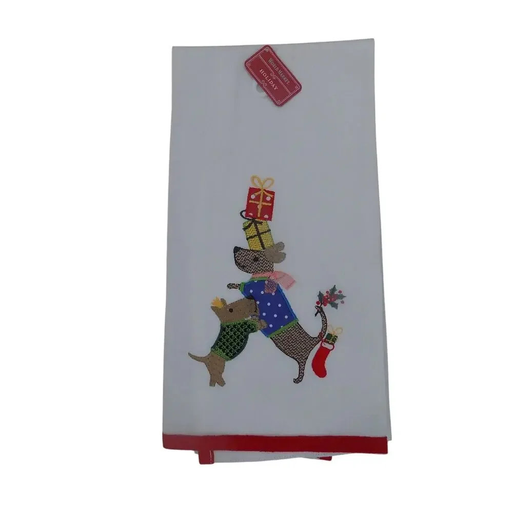 World Market Christmas kitchen towel embroidered dogs NWT